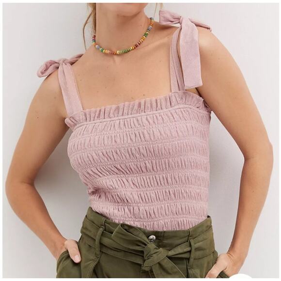 Anthropologie Womens Smocked Tie Strap Tank Top Rose Cami Blouse Size Small - Picture 1 of 10